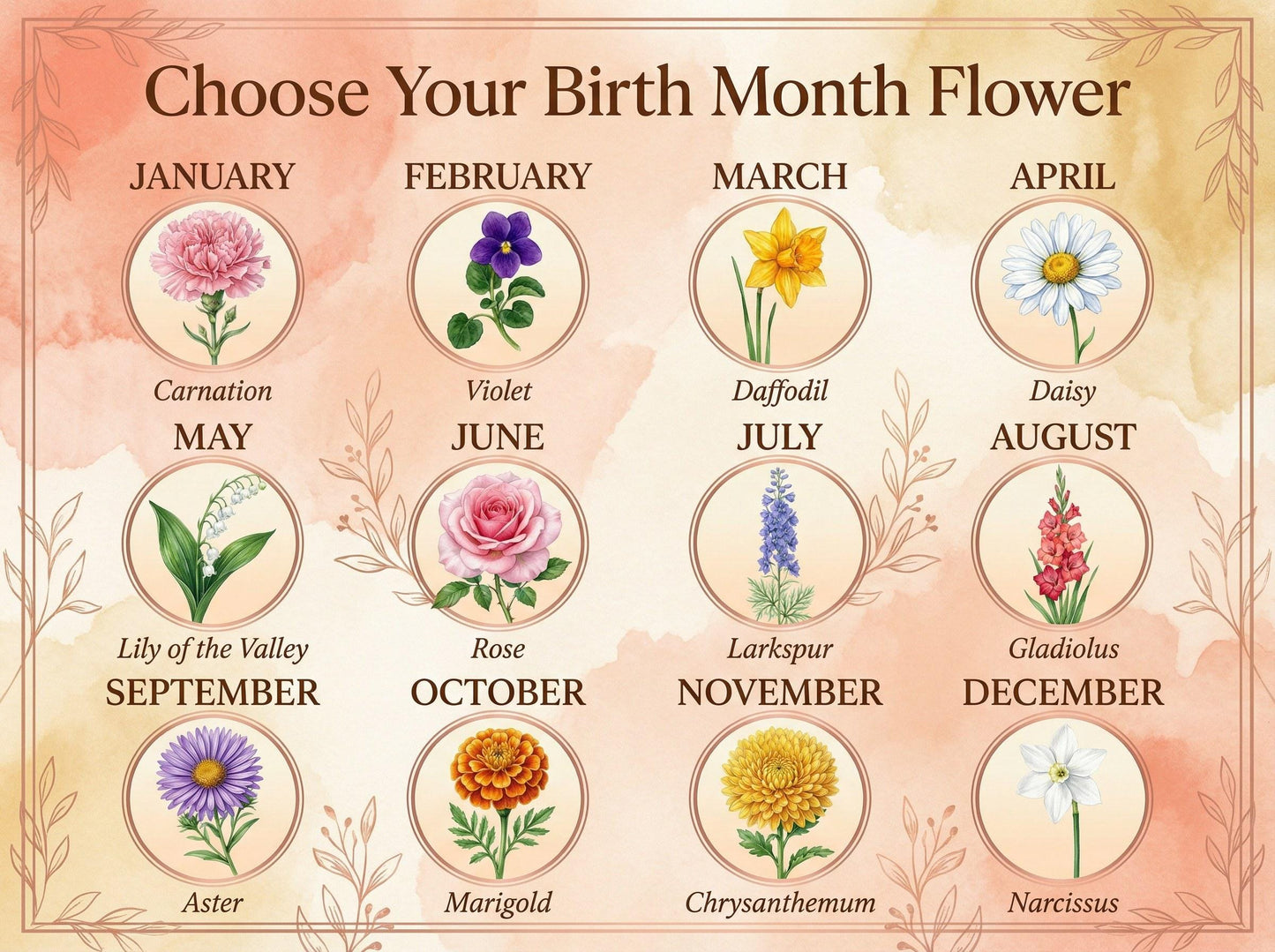 Birth month flower reference guide showing all 12 flowers from January carnation to December narcissus in watercolor style