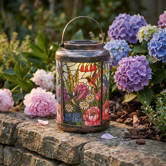 Hummingbird Trio solar lantern lit on a stone garden wall beside blue and purple hydrangeas, a remembrance light for a memorial garden