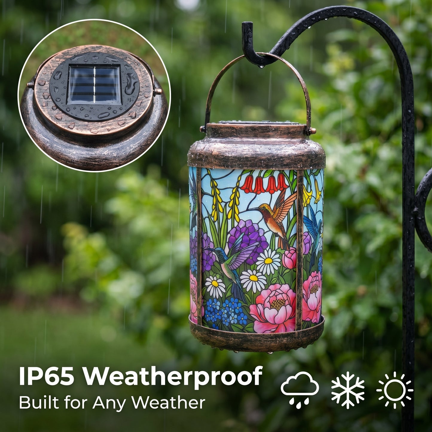 IP65 weatherproof rating illustration showing the lantern in rain, snow, and sunshine