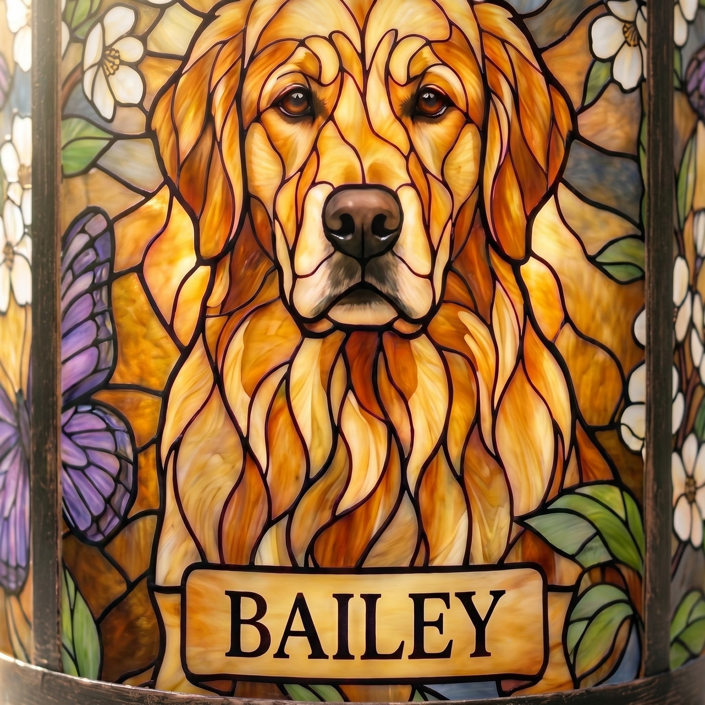 Close-up of a personalized pet memorial lantern's stained-glass-style golden retriever portrait, showing the rich amber glass-look color and the Bailey nameplate