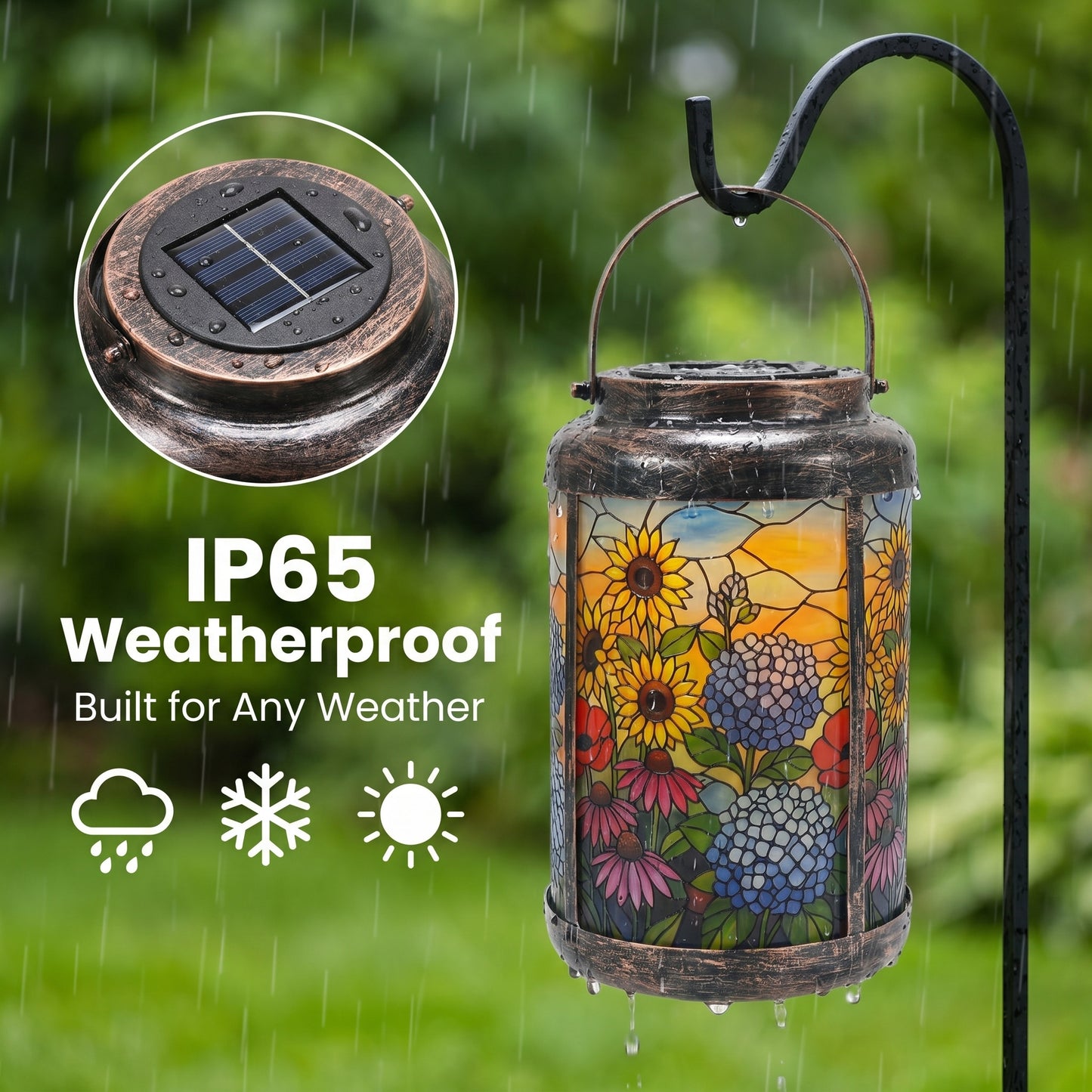 IP65 weatherproof rating illustration showing the lantern in rain, snow, and sunshine
