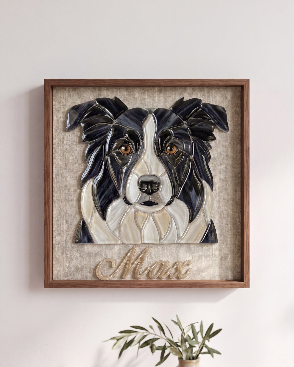 Personalized pet memorial portrait keepsake in stained glass mosaic style, walnut shadow box