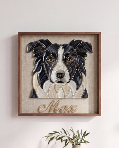 Personalized pet memorial portrait keepsake in stained glass mosaic style, walnut shadow box