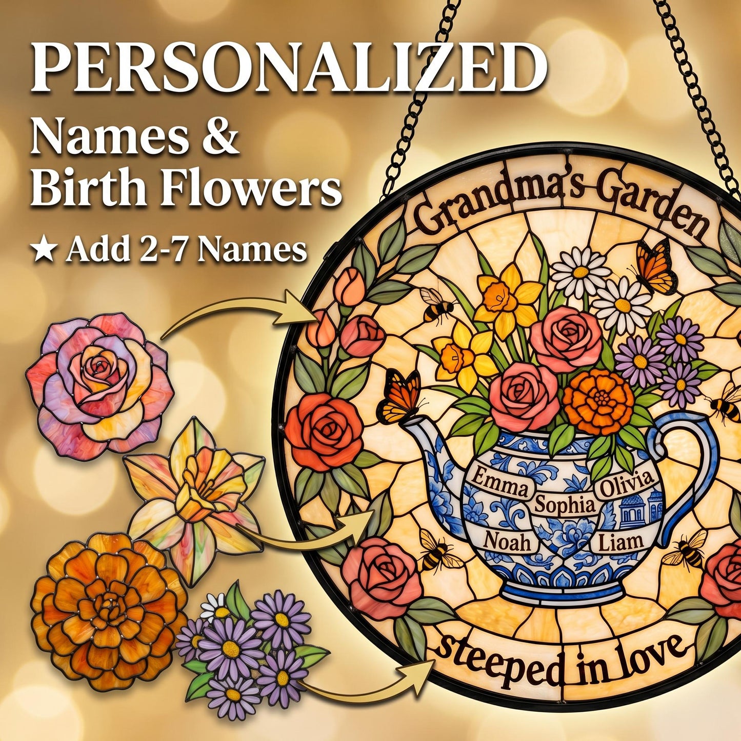 Personalized teapot garden suncatcher in kitchen window with birth month flowers and grandchildren's names