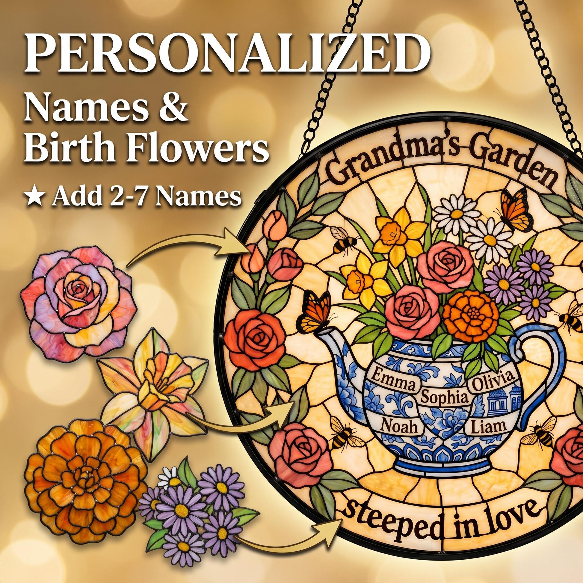Personalized teapot garden suncatcher in kitchen window with birth month flowers and grandchildren's names