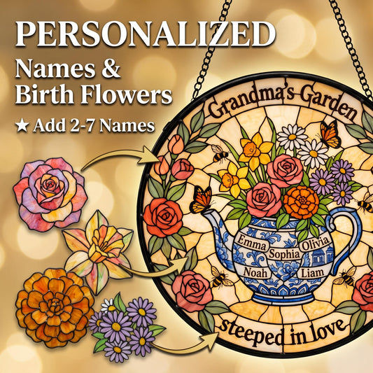 Personalized teapot garden suncatcher in kitchen window with birth month flowers and grandchildren's names