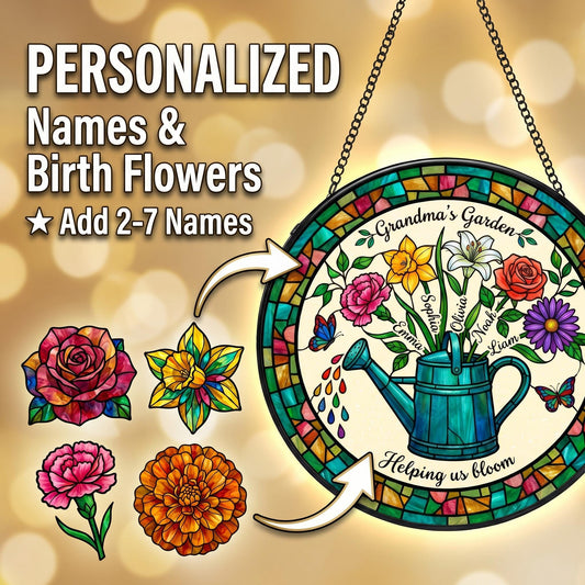 Personalized Grandma's Garden watering can suncatcher with birth flowers and names in sunlit garden room window
