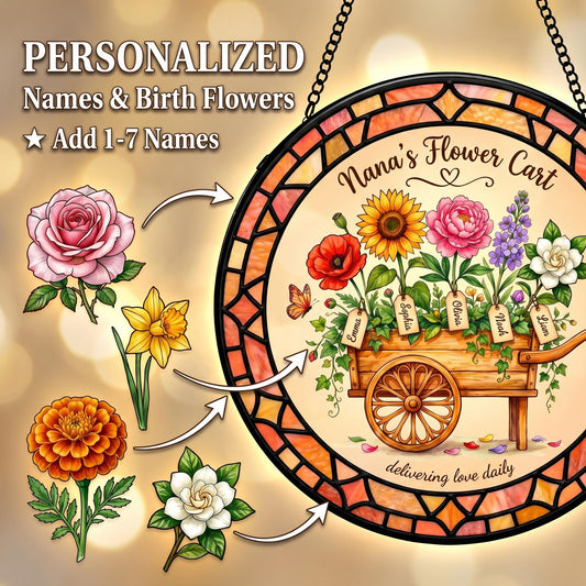 Personalized Nana's Flower Cart suncatcher close-up showing watercolor birth month flowers and grandchildren name tags