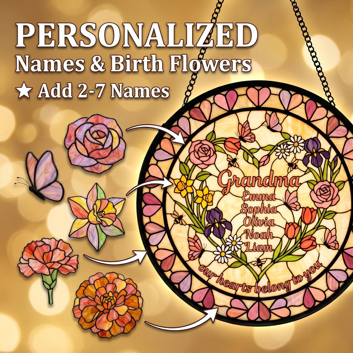 Personalized Grandma heart garden stained glass suncatcher with birth flowers and grandchildren names in bedroom bay window with pink curtain