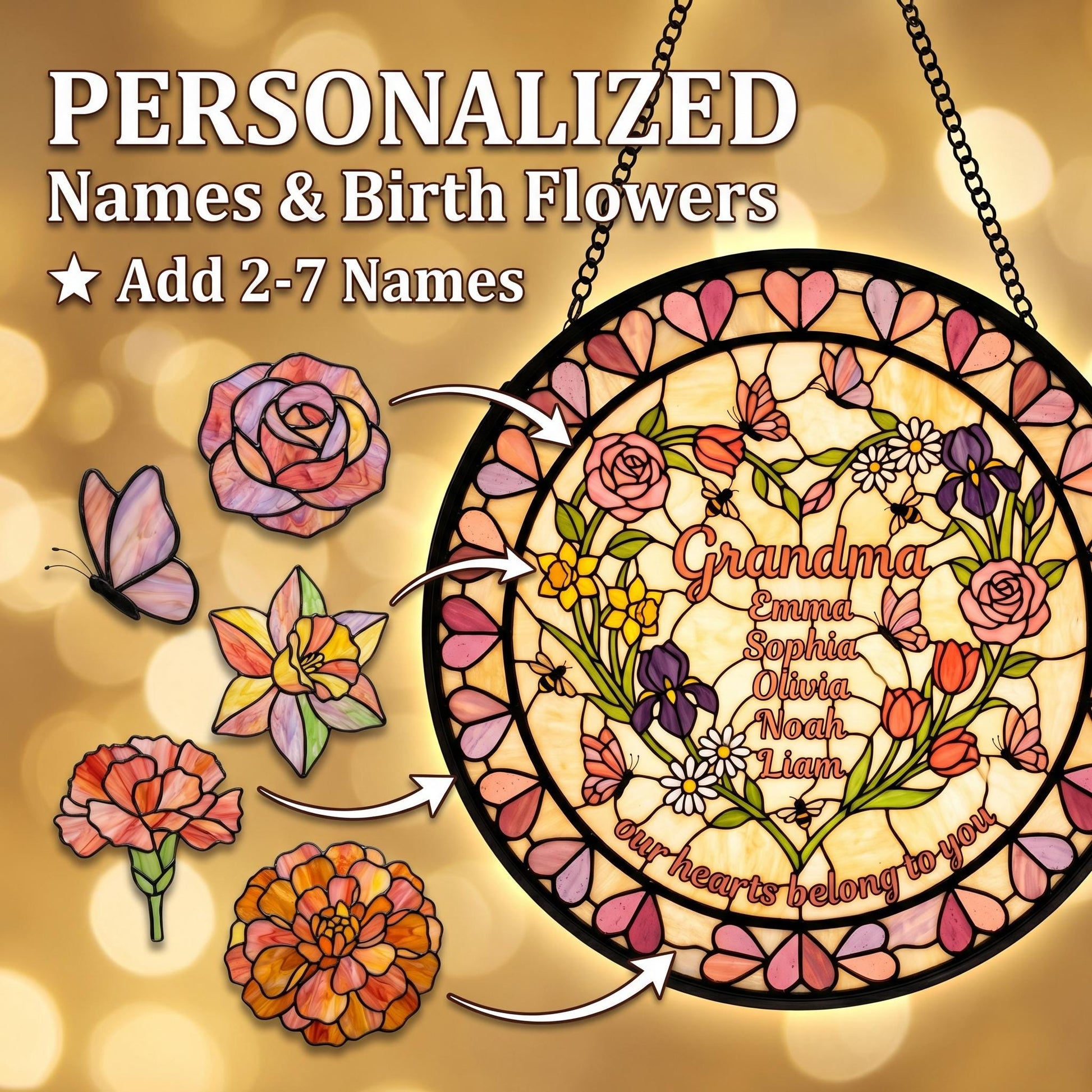 Personalized Grandma heart garden stained glass suncatcher with birth flowers and grandchildren names in bedroom bay window with pink curtain