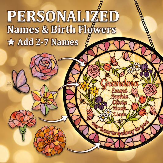 Personalized Grandma heart garden stained glass suncatcher with birth flowers and grandchildren names in bedroom bay window with pink curtain