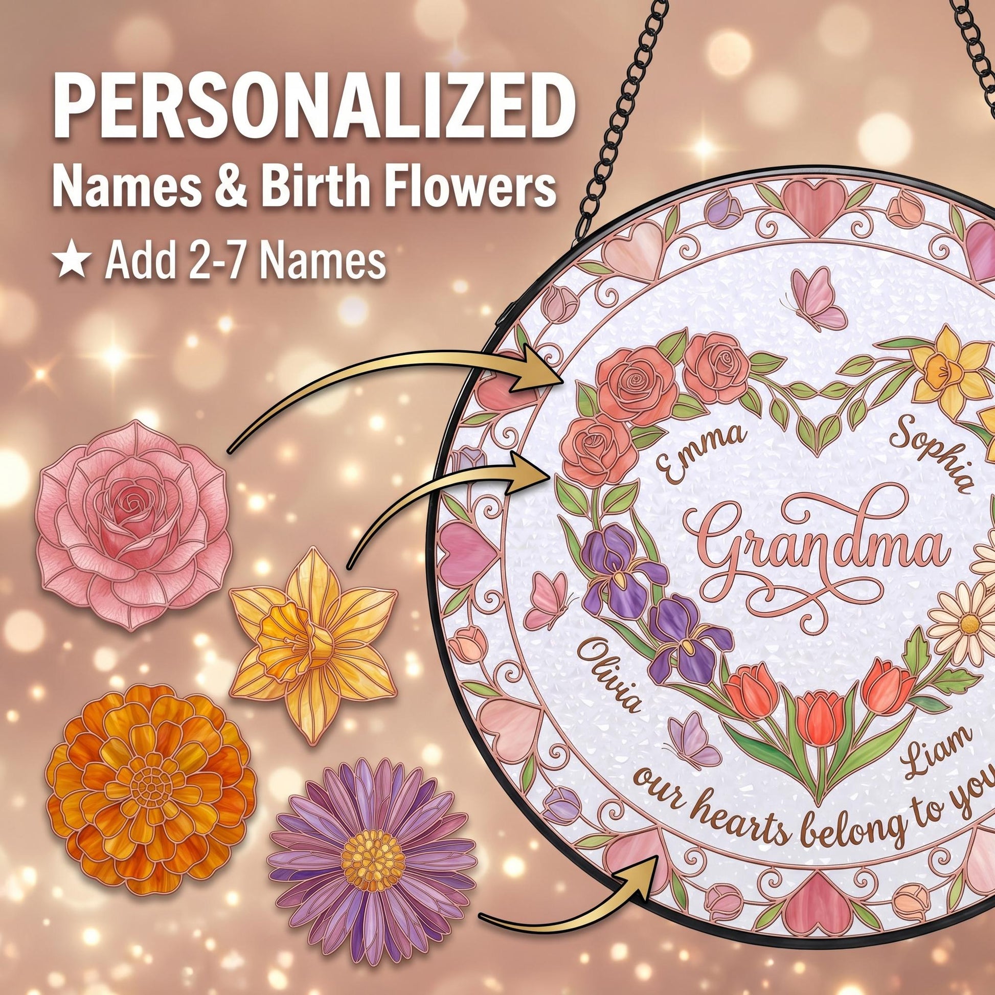 Personalized heart garden rose gold suncatcher hanging in sunny window with rose garden visible through transparent glass