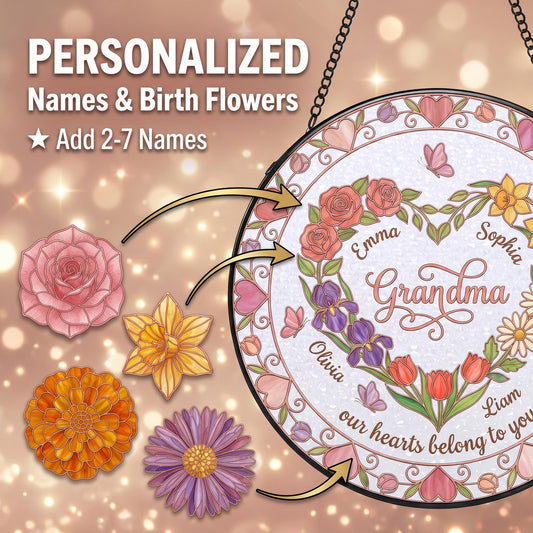 Personalized heart garden rose gold suncatcher hanging in sunny window with rose garden visible through transparent glass