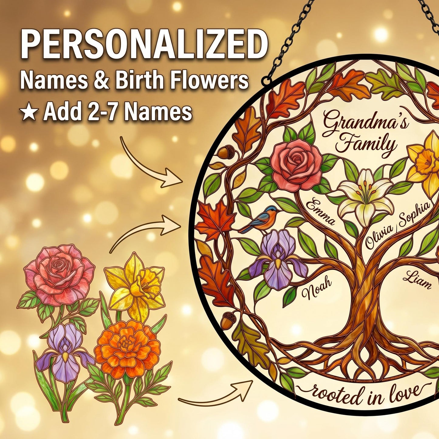 Personalized Family Tree of Life stained glass suncatcher hanging in sunny window, Tiffany copper-bronze lead lines with oak leaf and acorn border