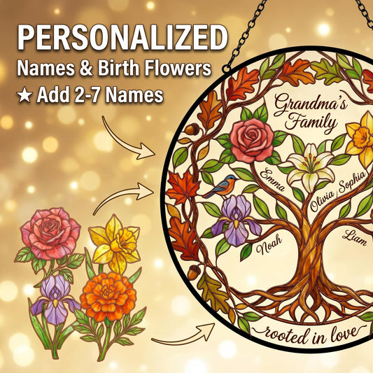 Personalized Family Tree of Life stained glass suncatcher hanging in sunny window, Tiffany copper-bronze lead lines with oak leaf and acorn border
