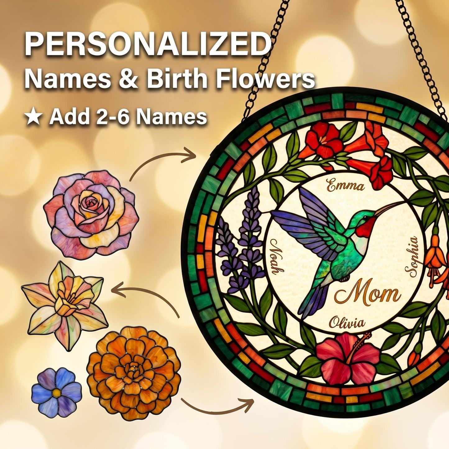 Personalized hummingbird suncatcher in kitchen window with birth month flowers and children's names