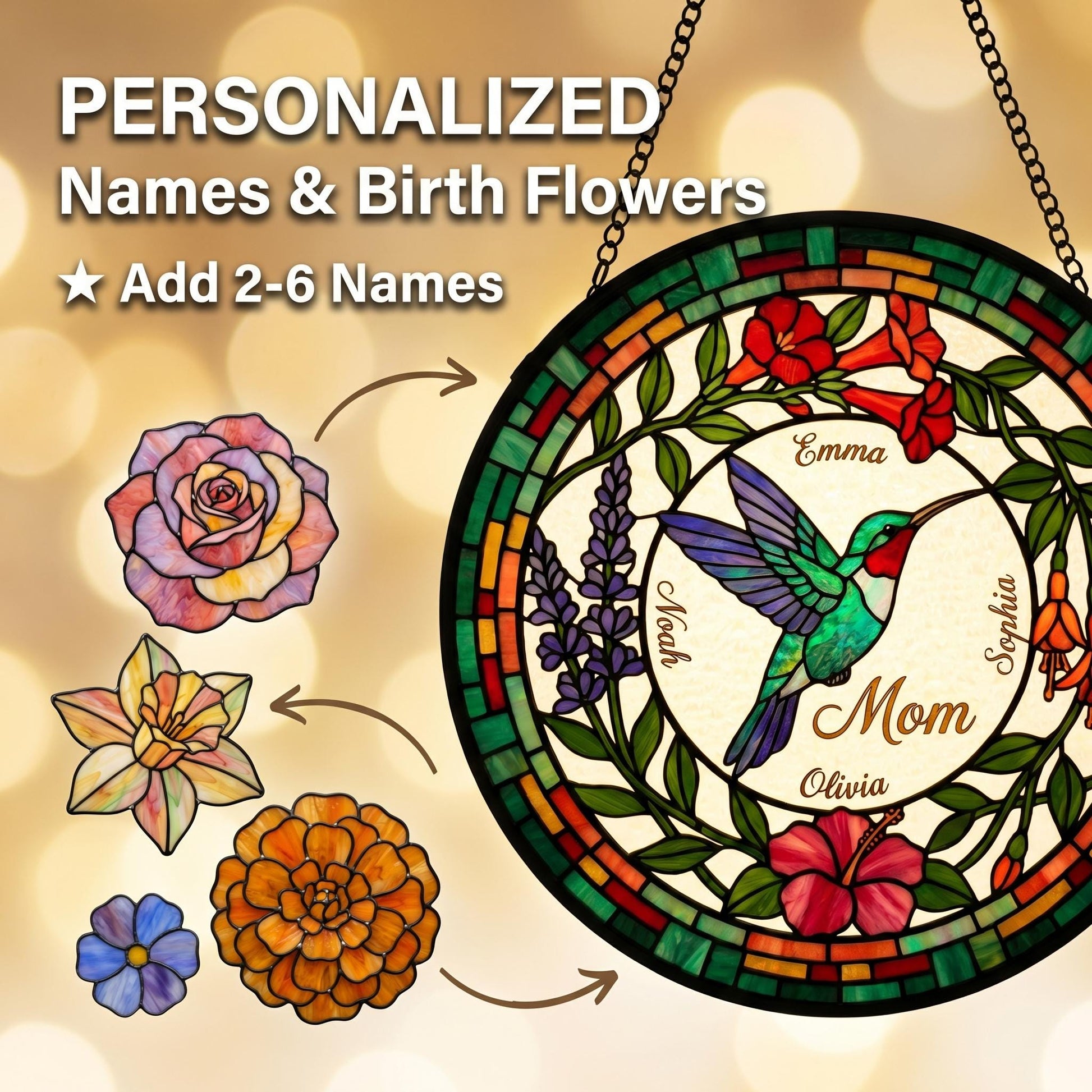 Personalized hummingbird suncatcher in kitchen window with birth month flowers and children's names