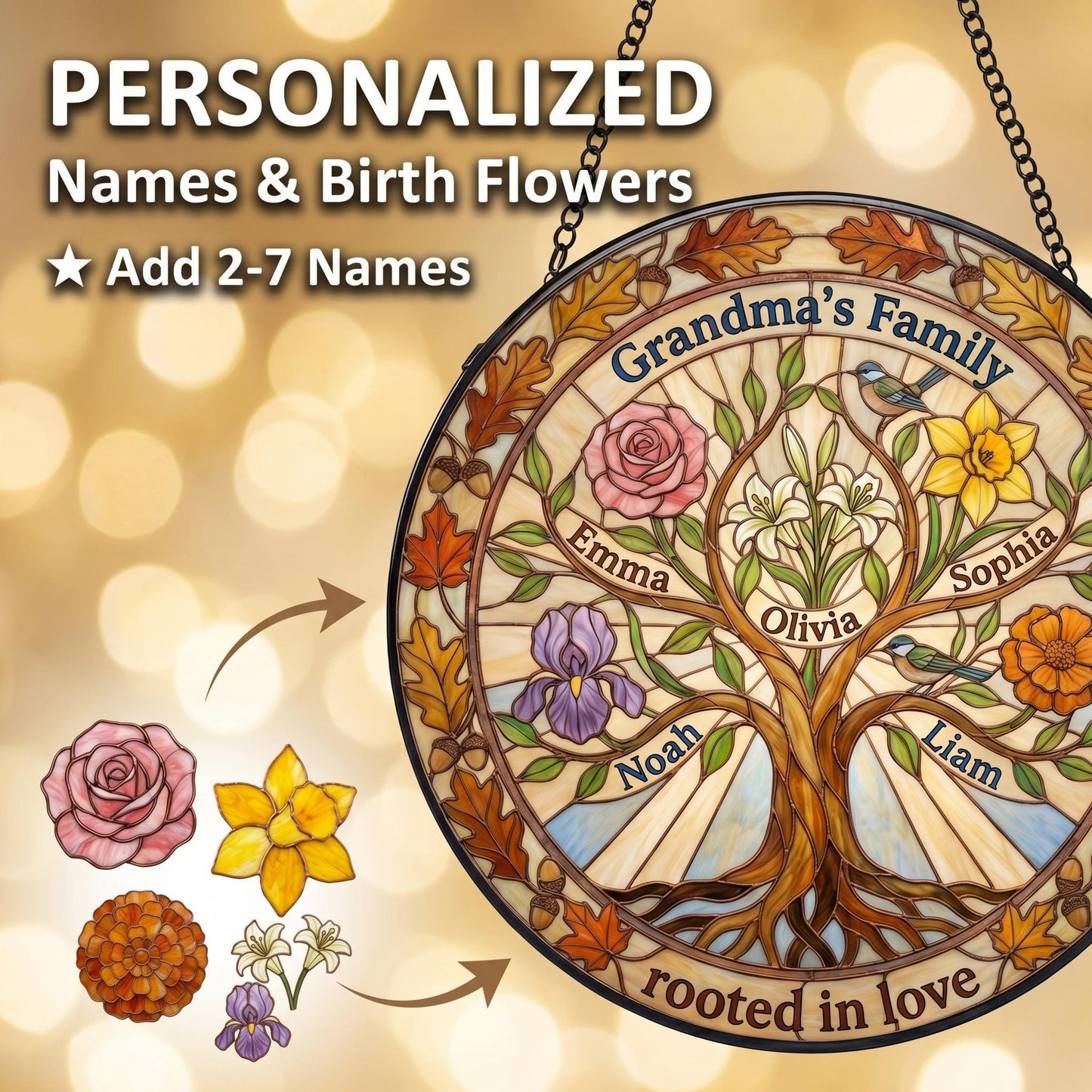 Personalized tree of life stained glass suncatcher in sunny window with birth month flowers and family names