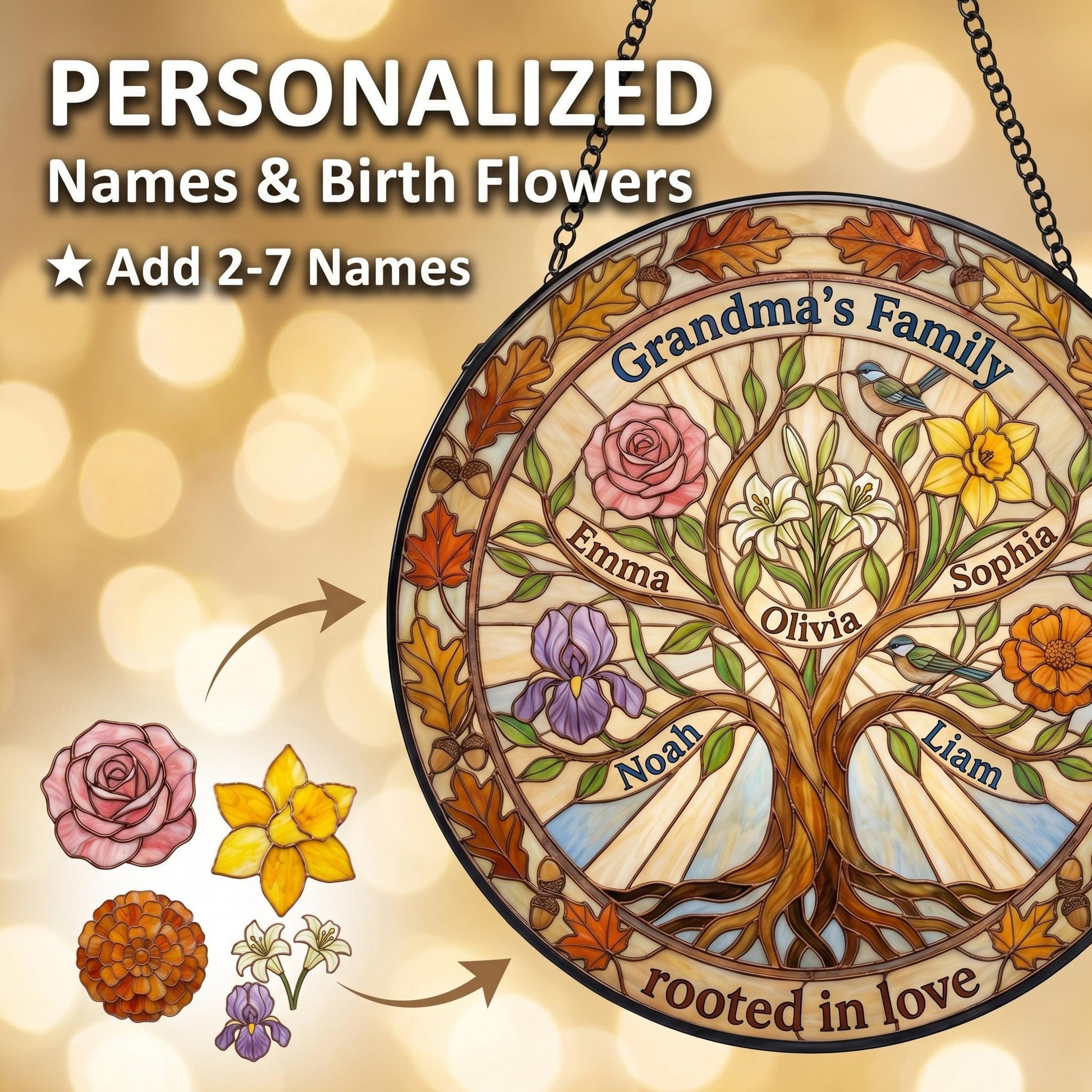 Personalized tree of life stained glass suncatcher in sunny window with birth month flowers and family names