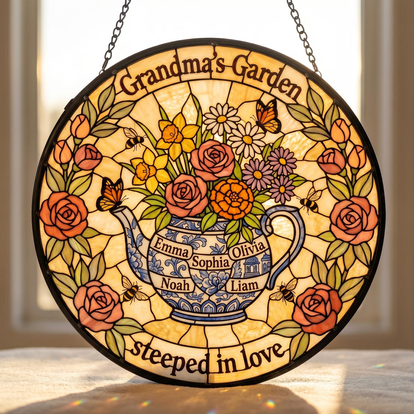 Custom teapot suncatcher in garden window with natural light showing stained glass flower details
