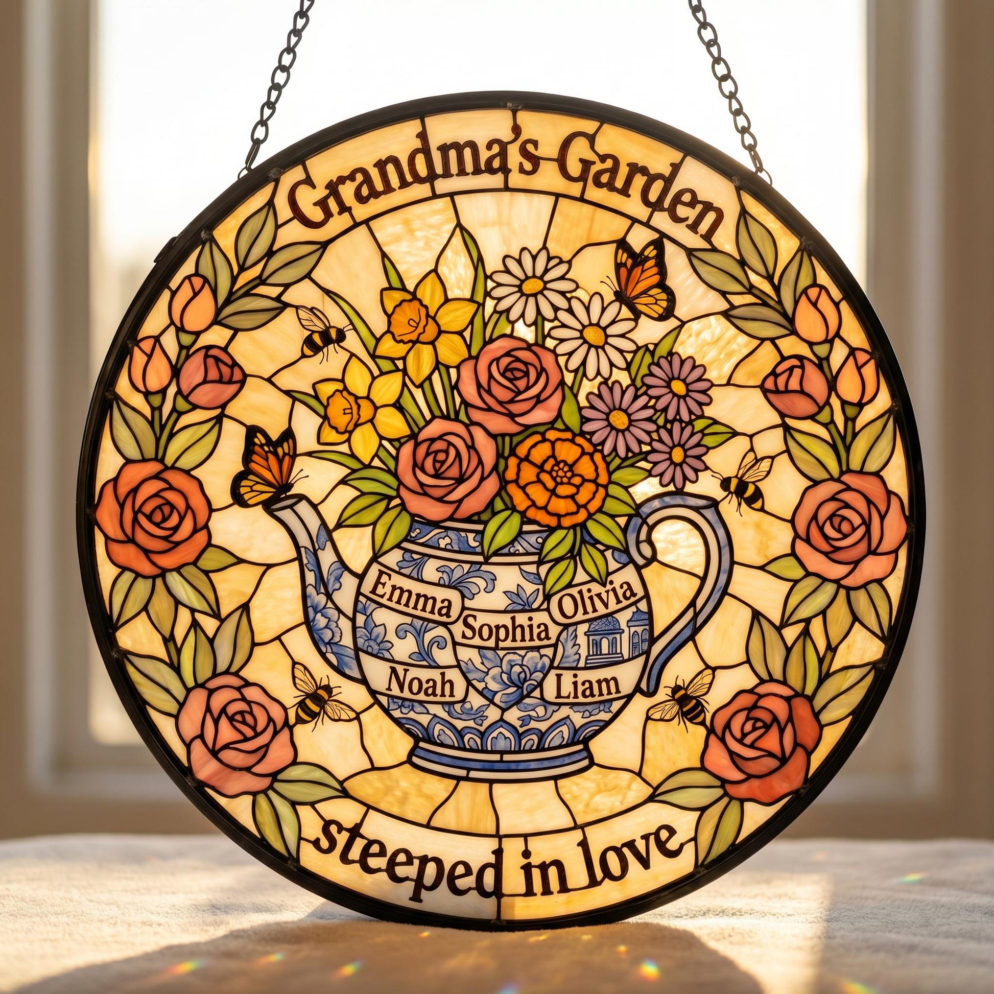 Custom teapot suncatcher in garden window with natural light showing stained glass flower details