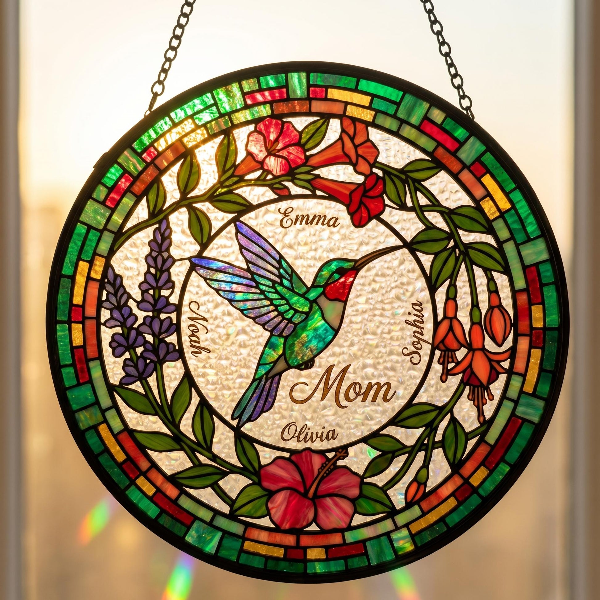 Hummingbird birth flower suncatcher in living room with golden hour light creating prismatic reflections