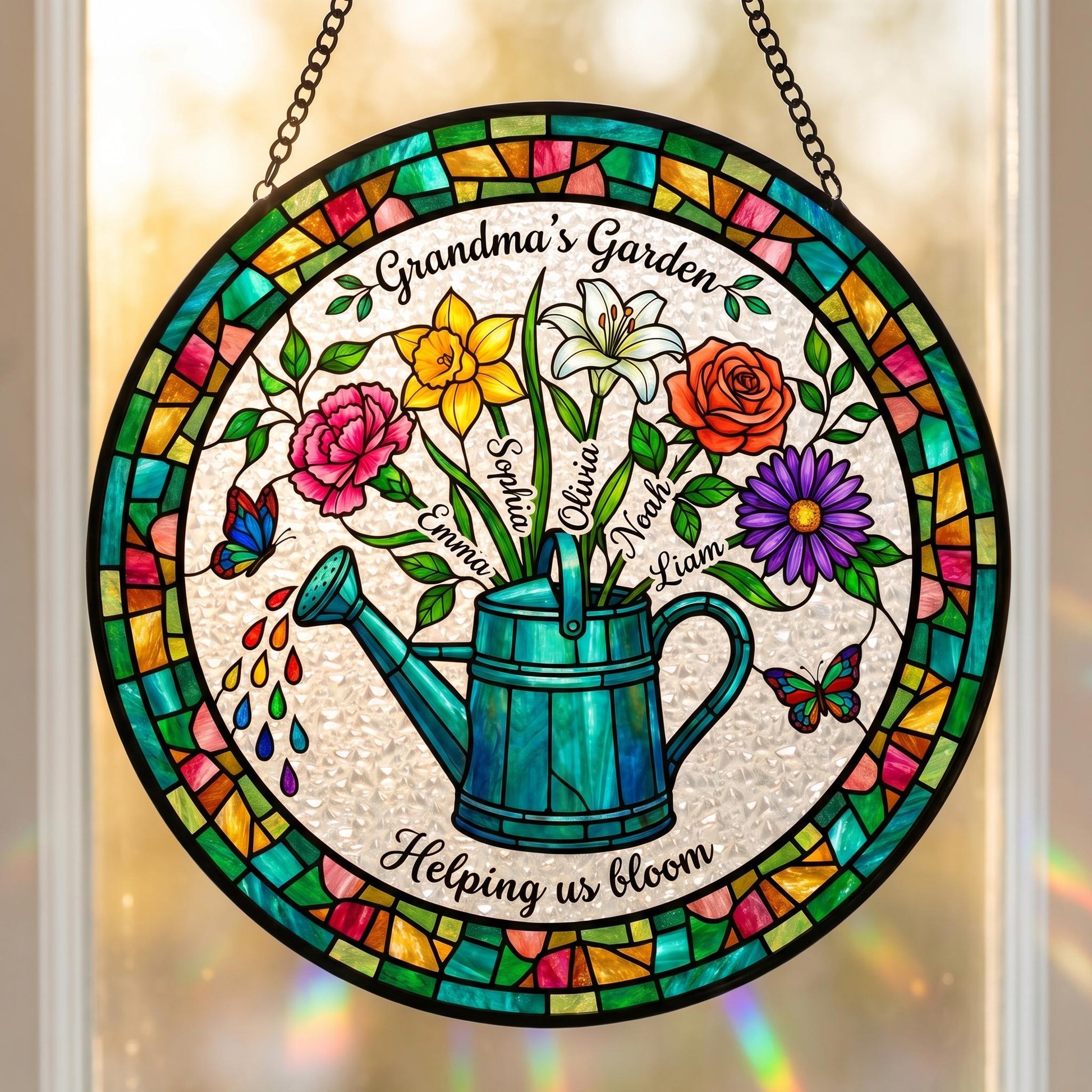 Custom watering can suncatcher in farmhouse kitchen window with herbs and rainbow water droplets casting light