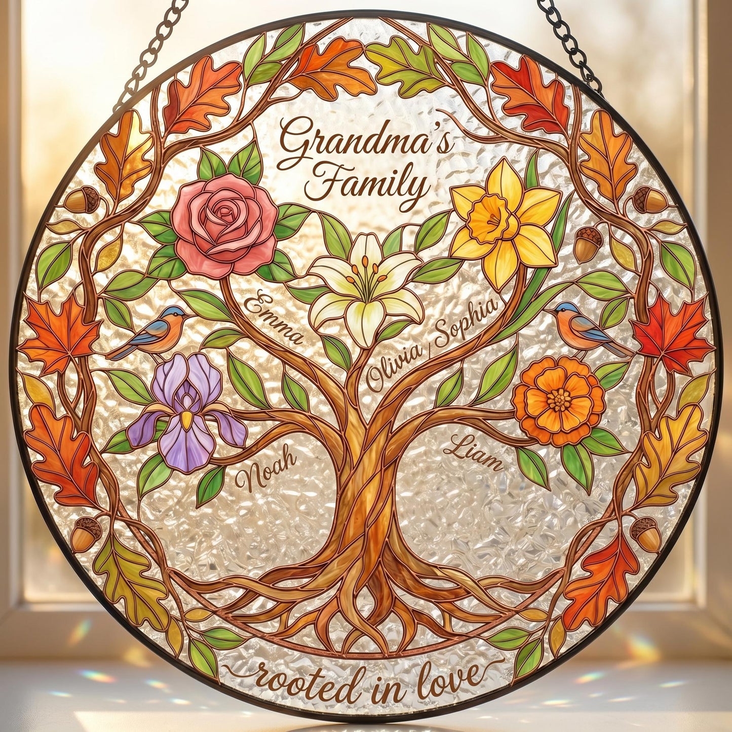 Tree of Life suncatcher with birth flowers and personalized names on white background, copper-bronze leading and autumn leaf wreath