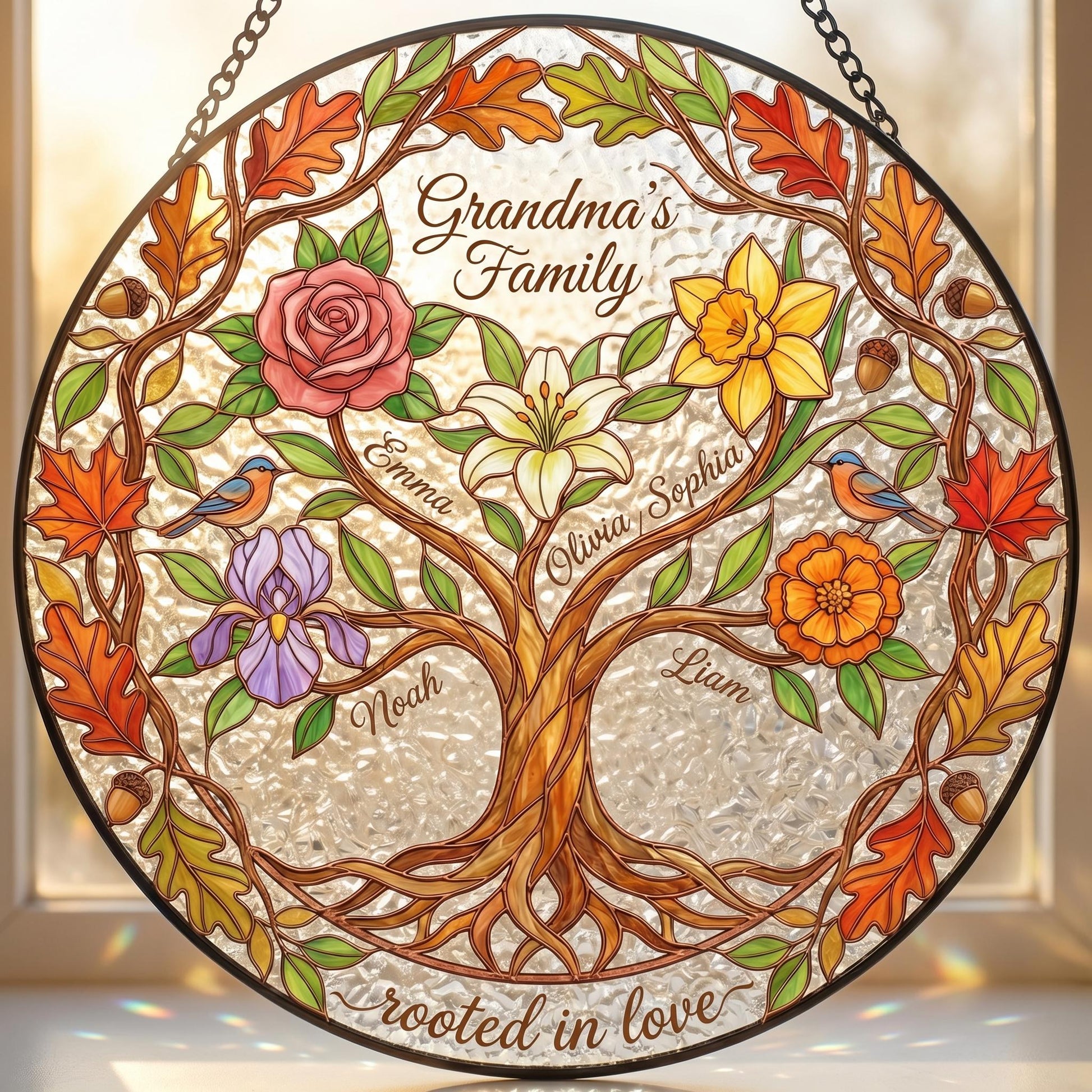 Tree of Life suncatcher with birth flowers and personalized names on white background, copper-bronze leading and autumn leaf wreath