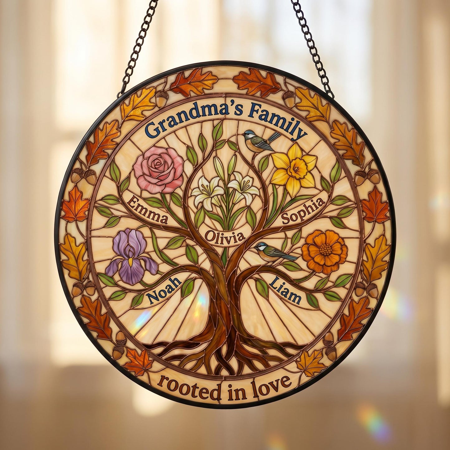 Tree of life family suncatcher on white background showing Tiffany stained glass design with copper lead lines
