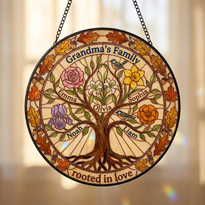 Tree of life family suncatcher on white background showing Tiffany stained-glass-style design with copper outlines