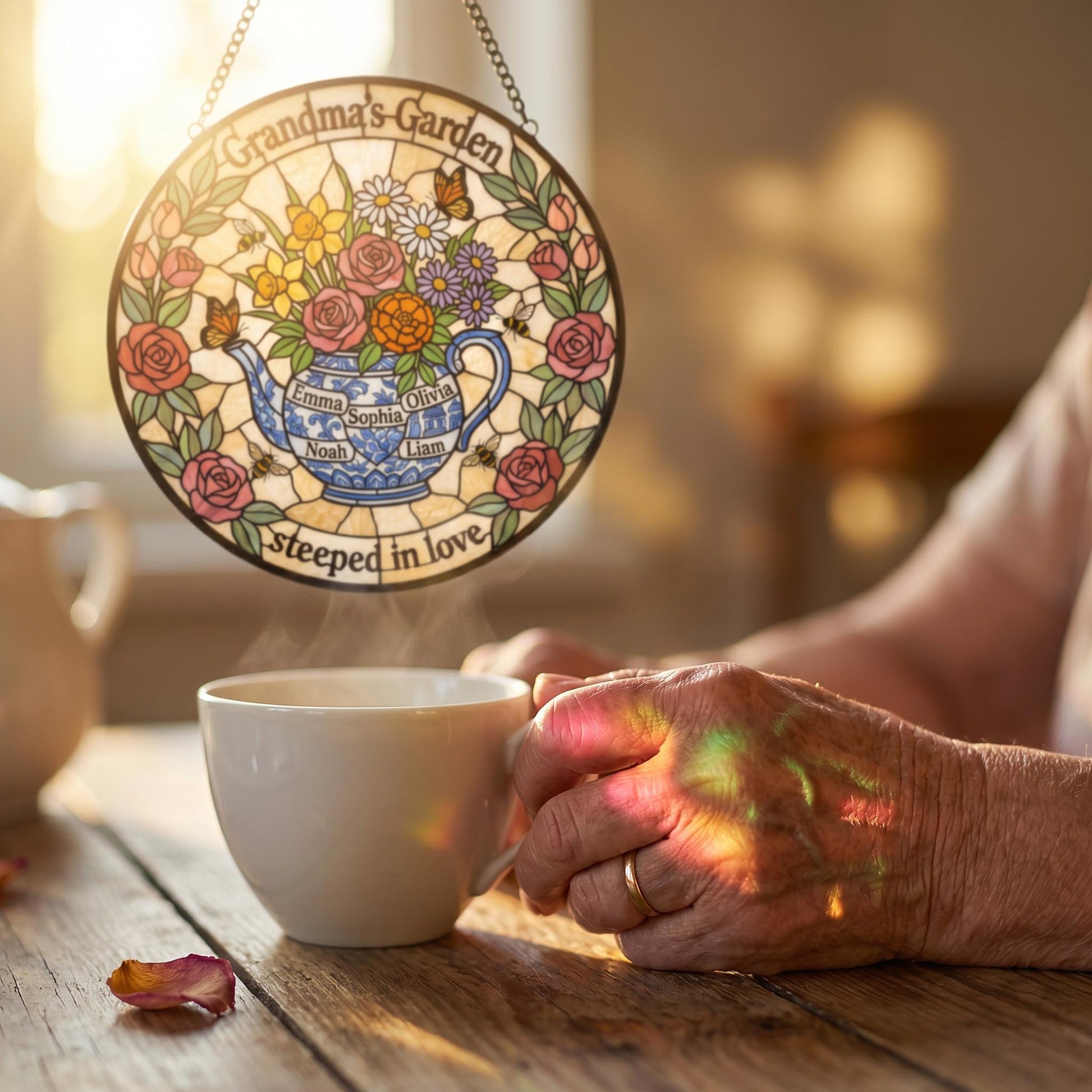 Teapot suncatcher with prismatic light casting colorful patterns on teacup and saucer