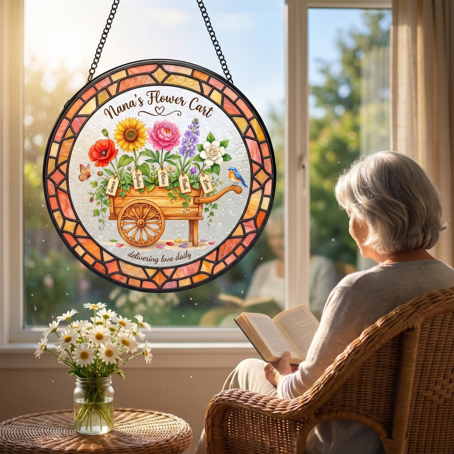 Nana's Flower Cart suncatcher backlit by golden hour sunlight showing vibrant UV-printed glass colors