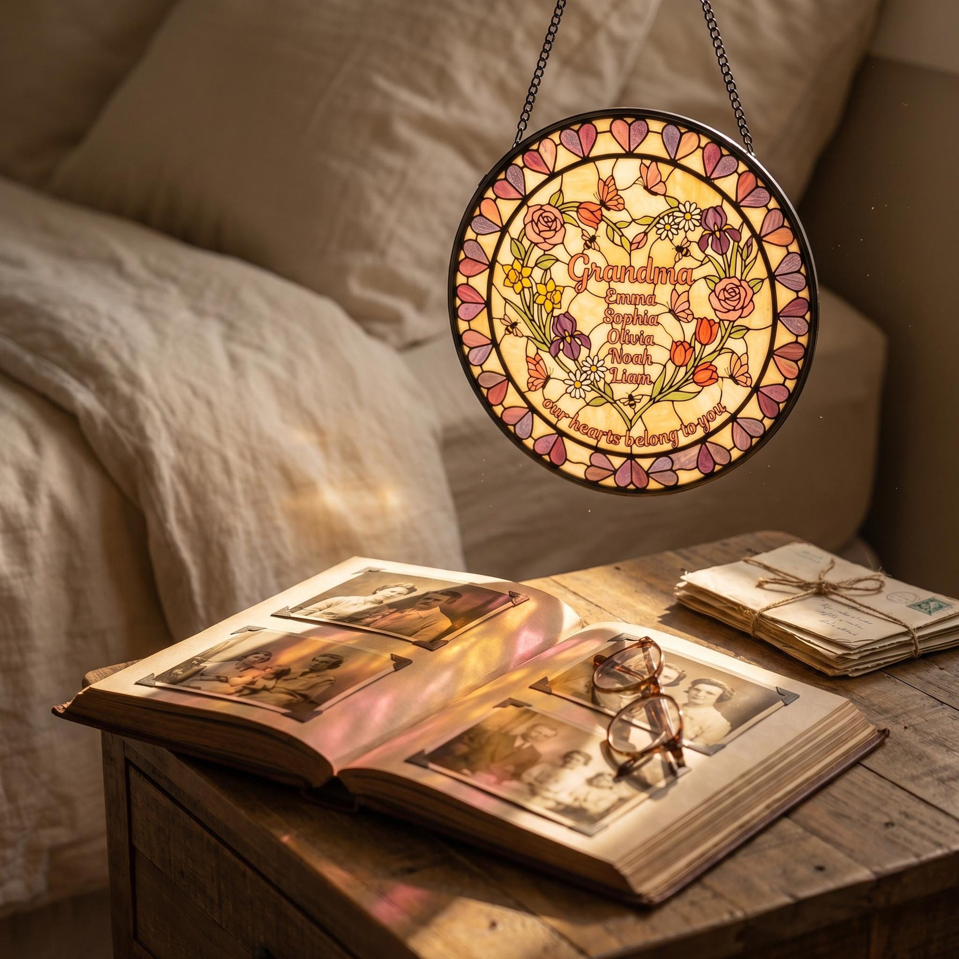 Soft pink and gold light patterns cast by heart garden stained glass suncatcher onto windowsill with pink rose in glass vase