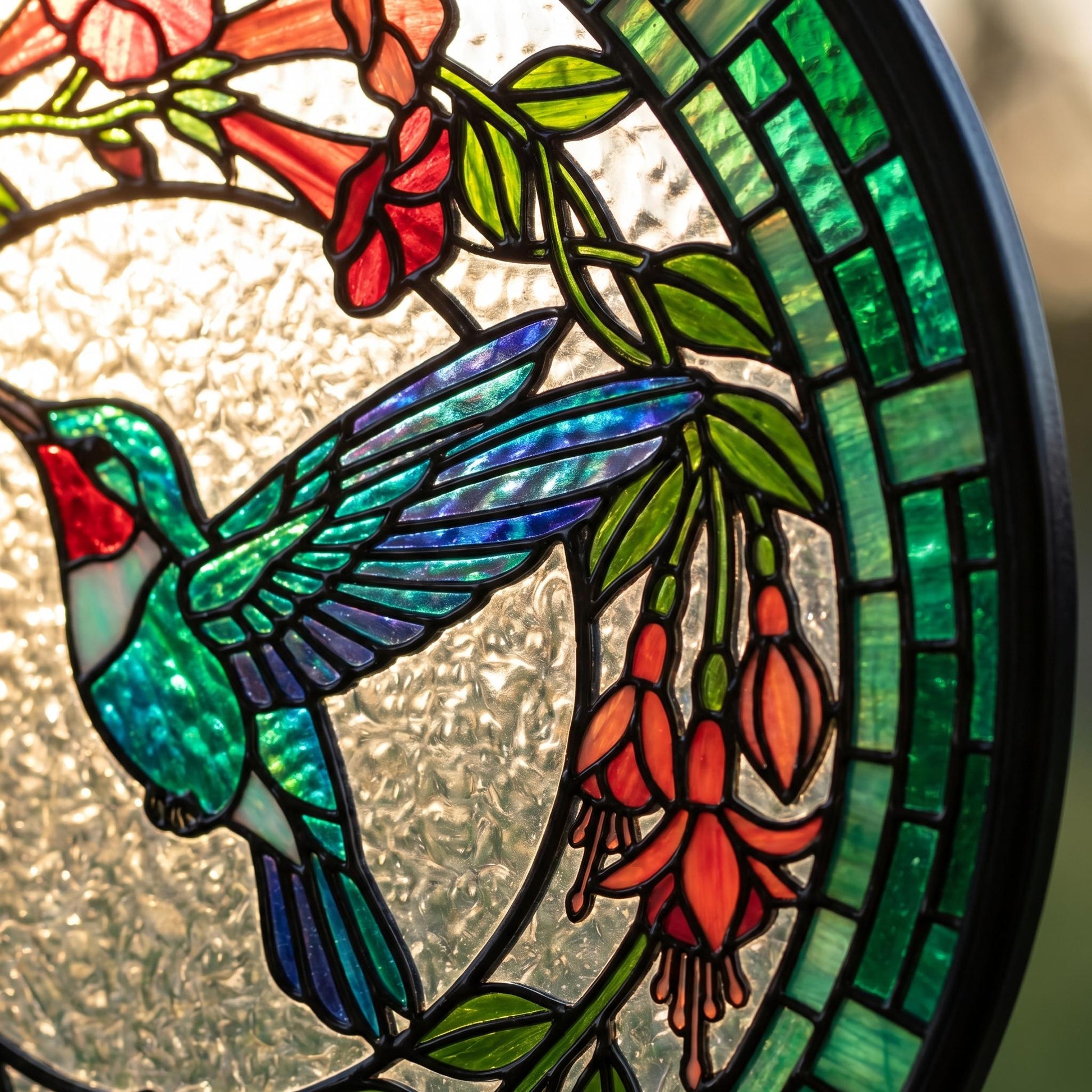 Stained glass hummingbird suncatcher with light casting colorful patterns on book pages