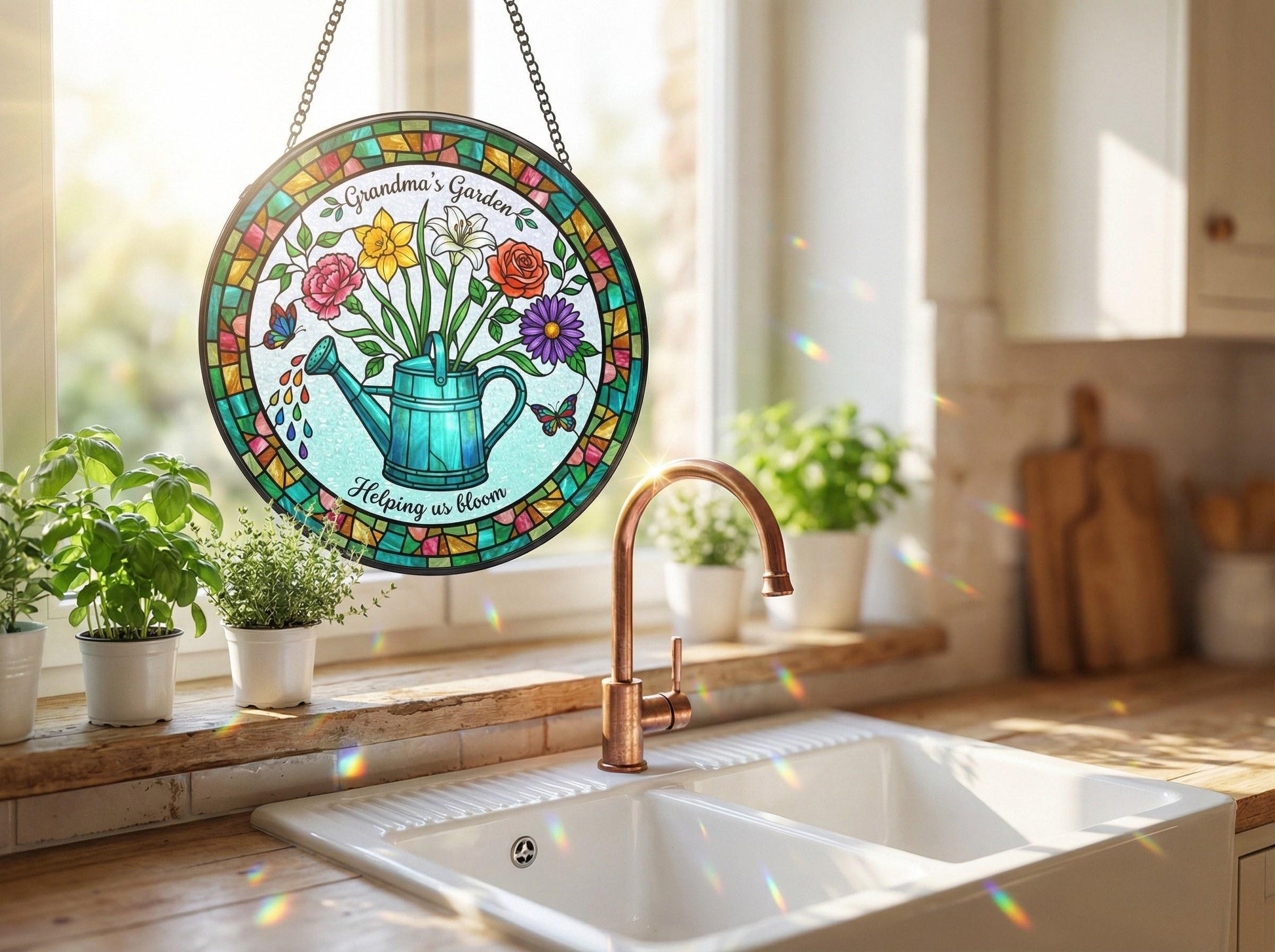 Rainbow prismatic light patterns cast by stained glass watering can suncatcher onto white windowsill with succulent