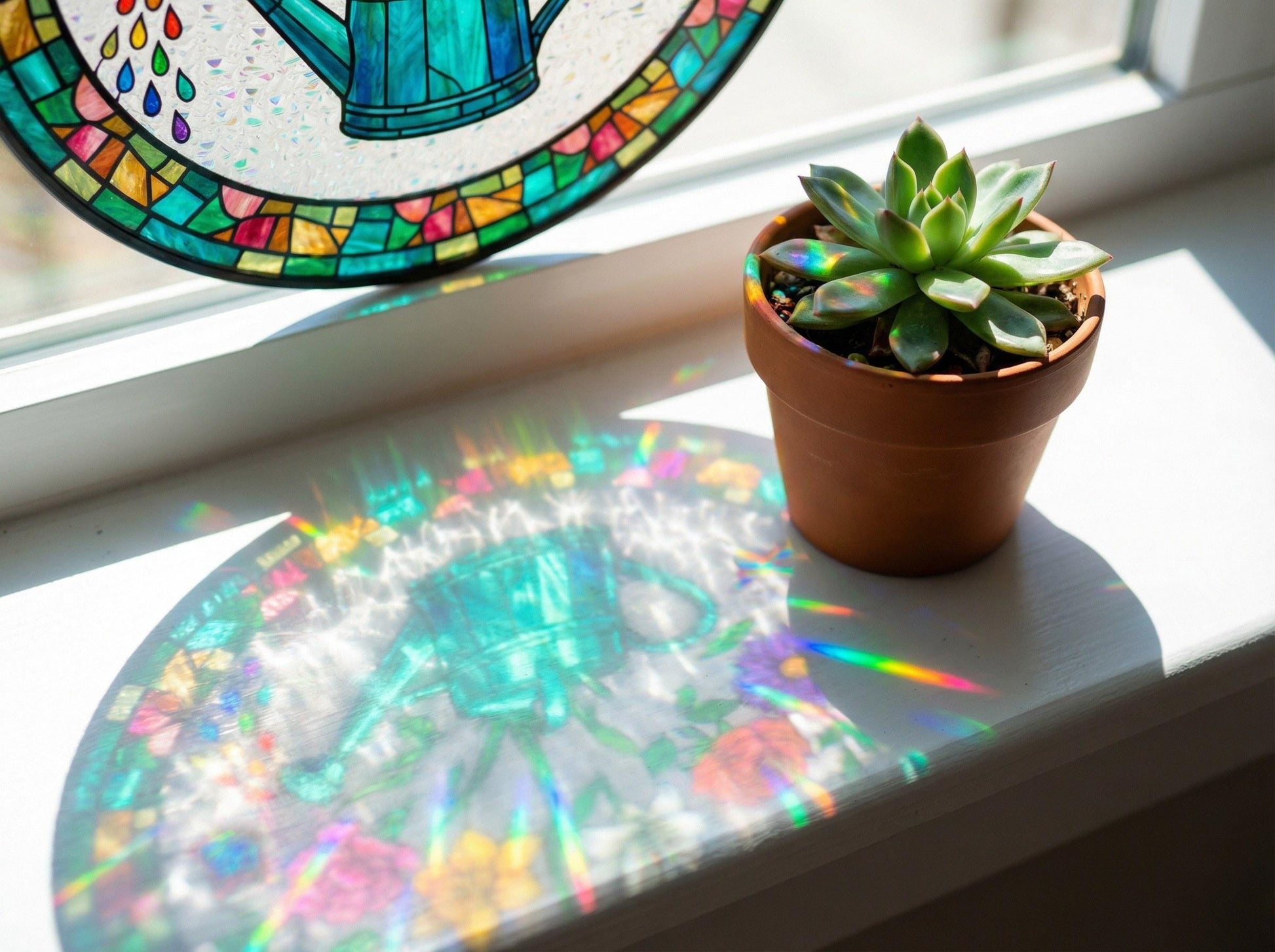 Close-up of rainbow stained glass water droplets flowing from watering can spout with jewel-toned glass segments