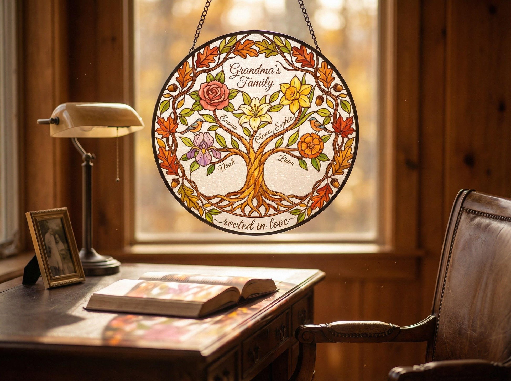 Custom Tree of Life suncatcher in kitchen window with morning golden light, stained glass birth flowers on branches