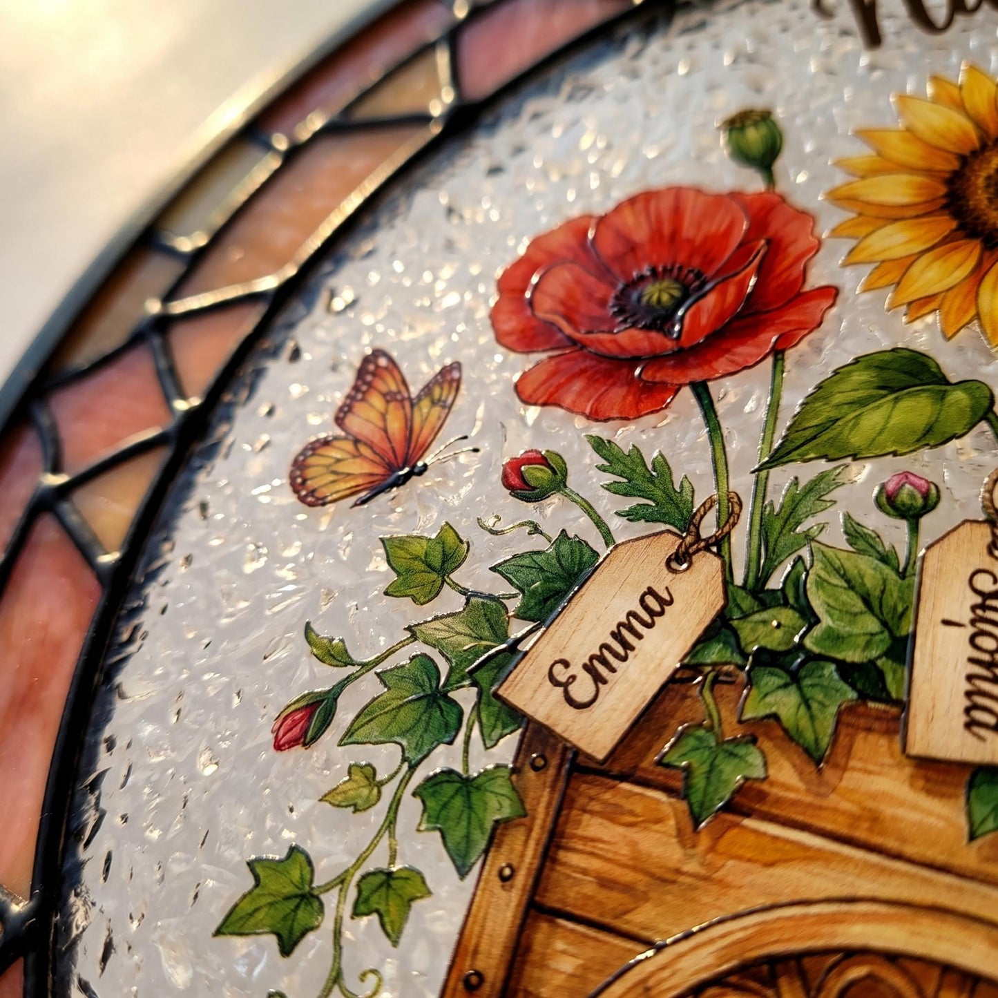 Personalized flower cart suncatcher styled on gift table with Mother's Day presentation for Grandma