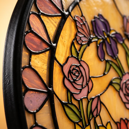 Close-up detail of pink and lavender glass heart border with bold black outlines and artisan stained-glass-style rose