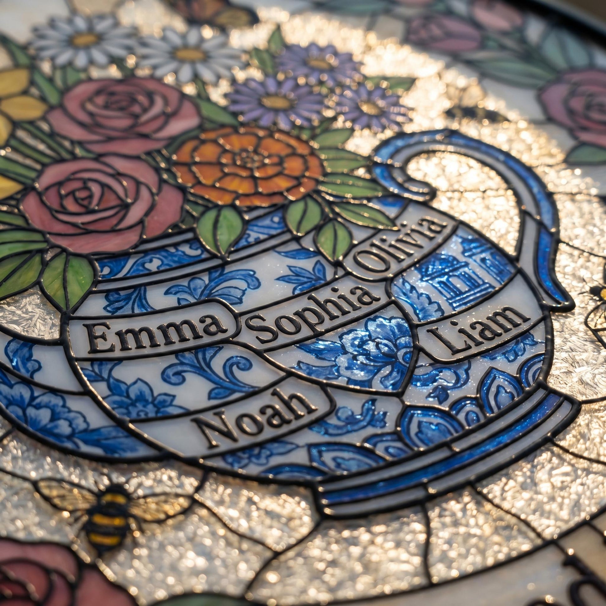 Birth month flower option chart showing 12 flowers in stained glass style for suncatcher personalization