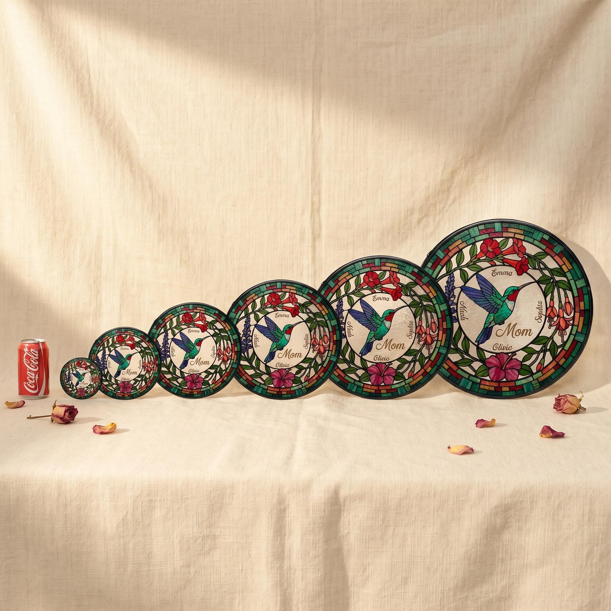 Birth month flower option chart showing 12 flowers in stained glass style for suncatcher personalization