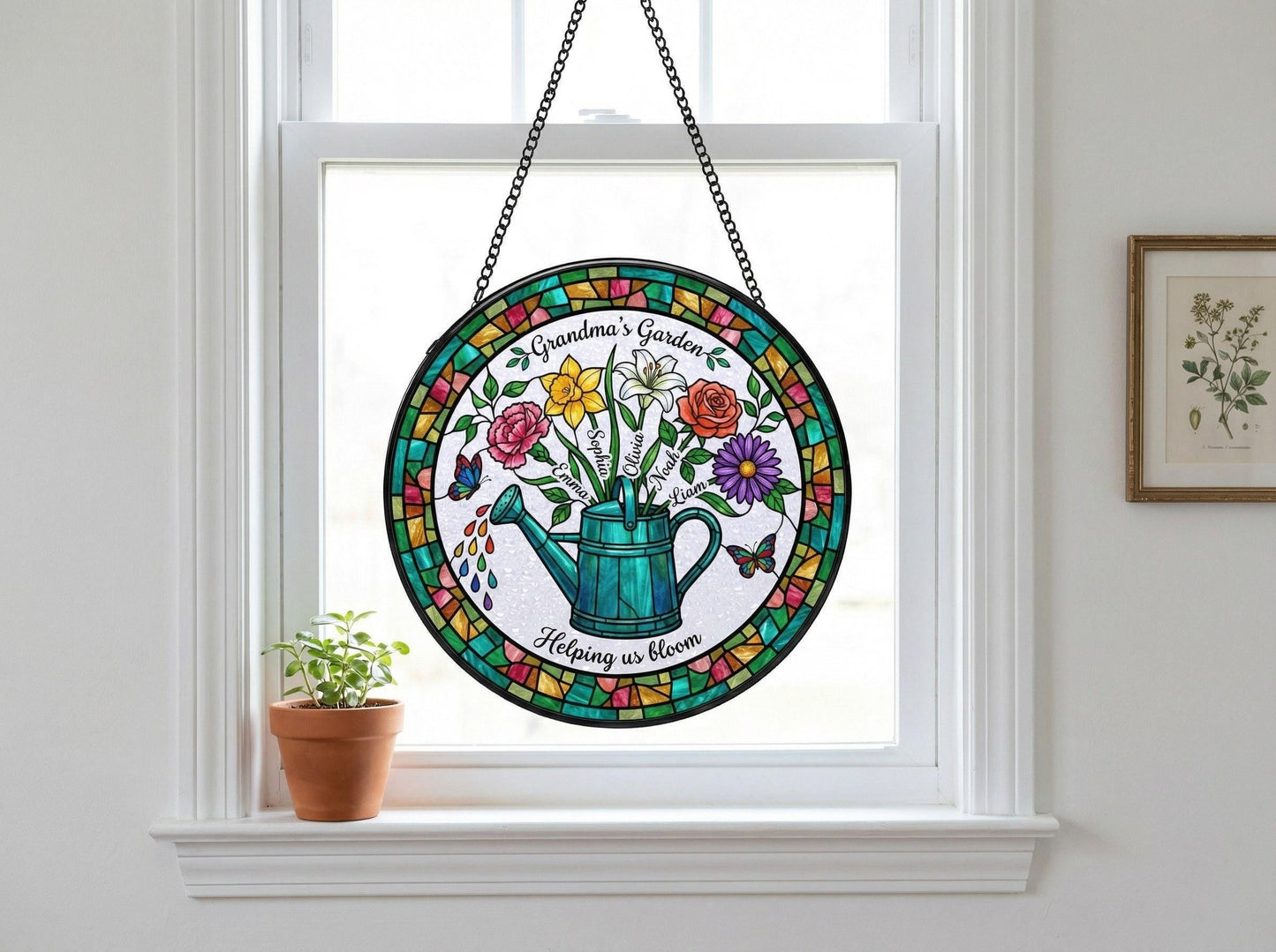 Birth month flower selection guide showing 12 stained glass flowers from January carnation to December poinsettia