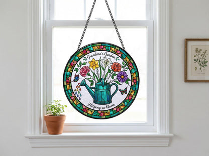Birth month flower selection guide showing 12 stained glass flowers from January carnation to December poinsettia