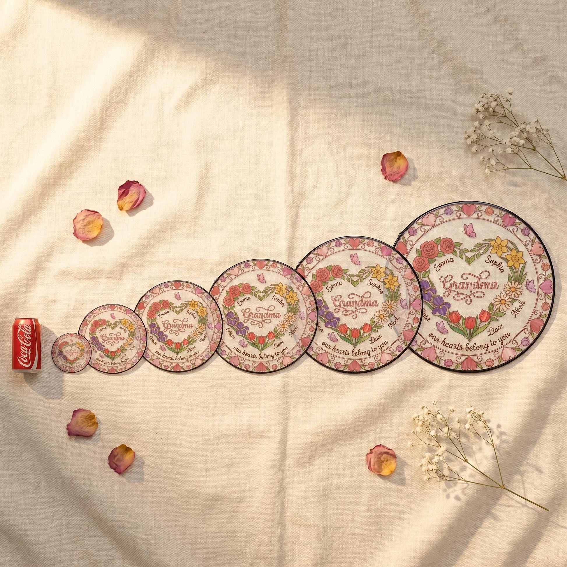 Heart garden suncatcher in sunroom with blooming rose garden visible through transparent glass in romantic afternoon light
