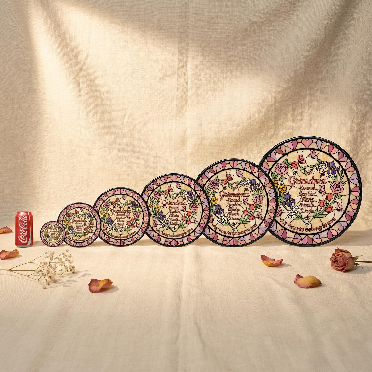 Birth month flower selection guide showing 12 stained glass flower options for personalized suncatcher customization