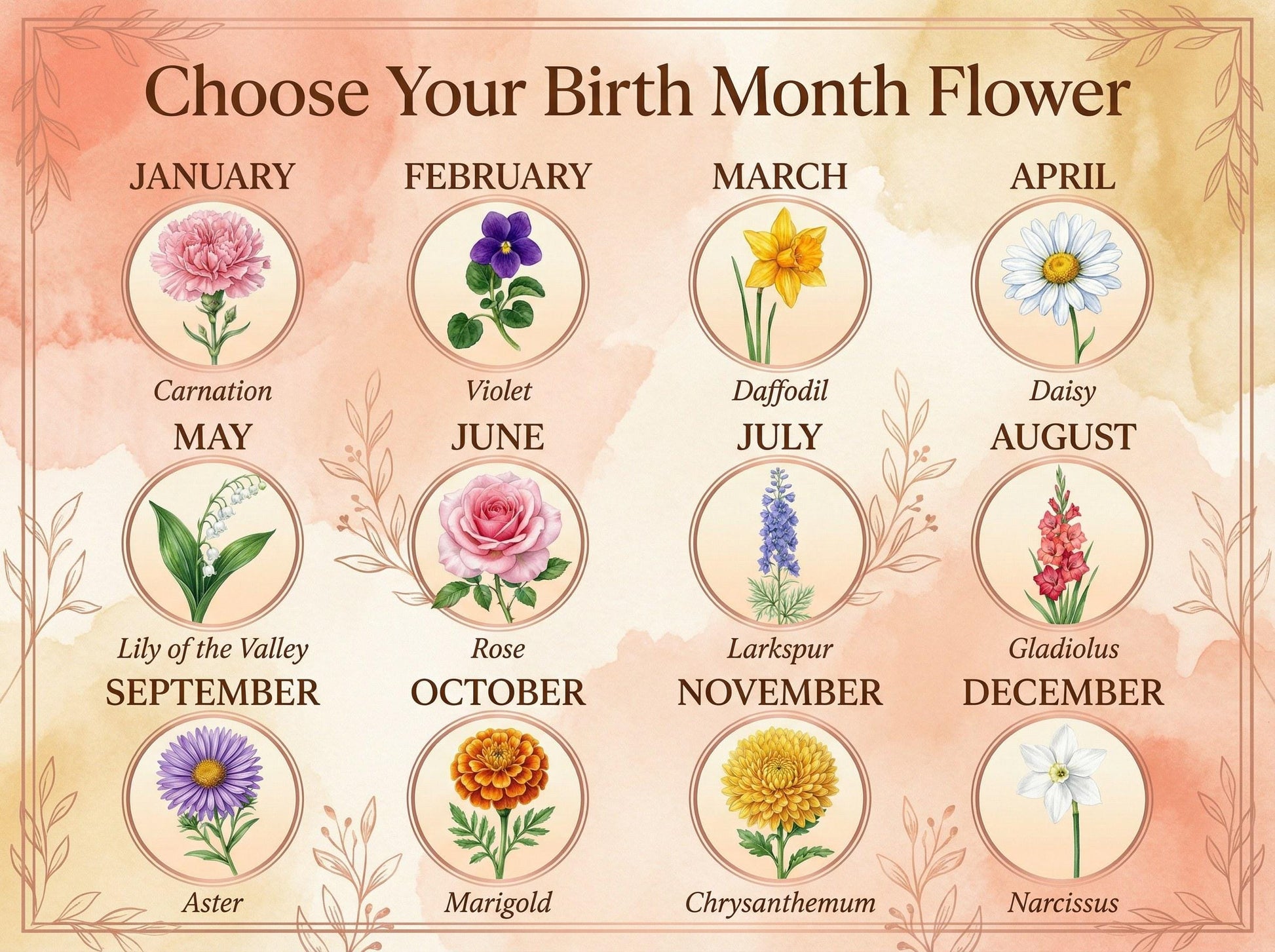 Birth month flower reference guide showing all 12 flowers from January carnation to December narcissus in watercolor style