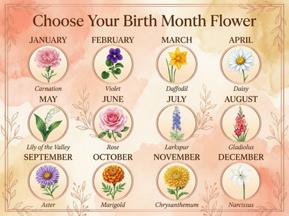 Birth month flower reference guide showing all 12 flowers from January carnation to December narcissus in watercolor style