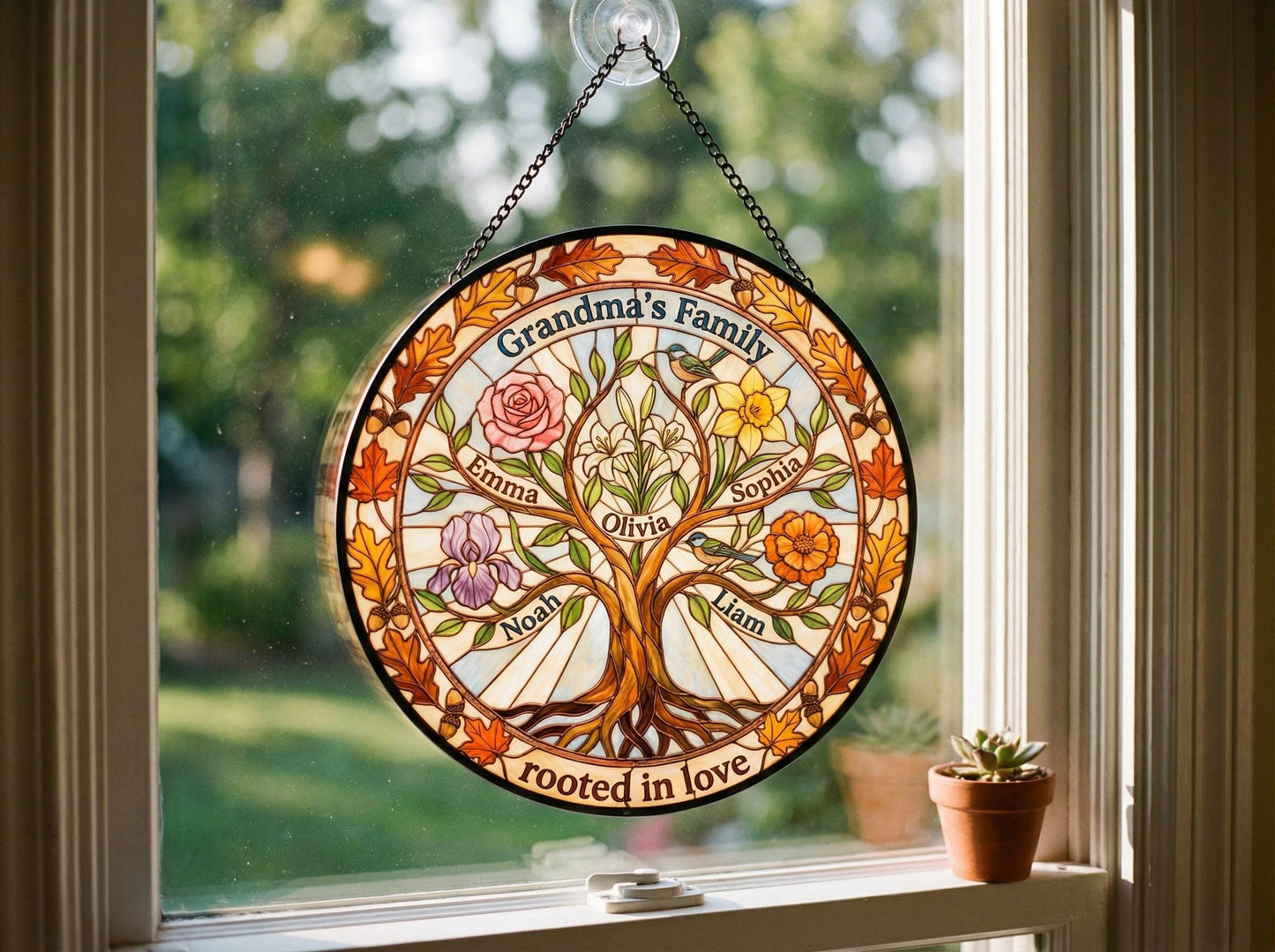 Hand holding 6-inch personalized tree of life suncatcher showing actual size