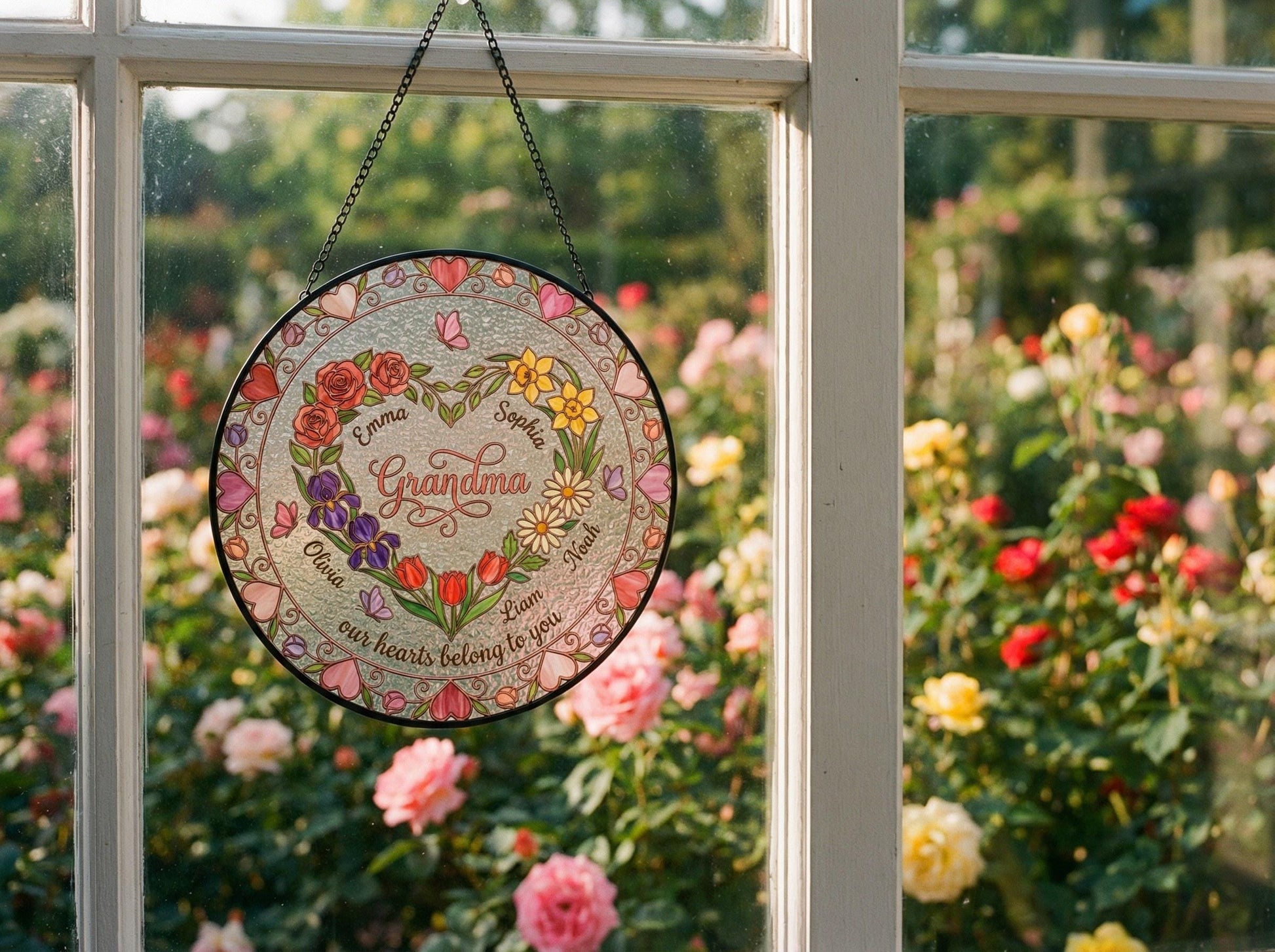 Hand holding 6-inch personalized heart garden suncatcher showing actual size with transparent glass and birth flower design